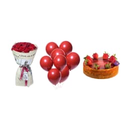 Նվերների հավաքածու RED BIRTHDAY կարմիր ծաղկեփնջով վարդերով, փուչիկներով և տորթով