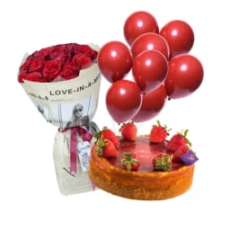 Նվերների հավաքածու RED BIRTHDAY կարմիր ծաղկեփնջով վարդերով, փուչիկներով և տորթով