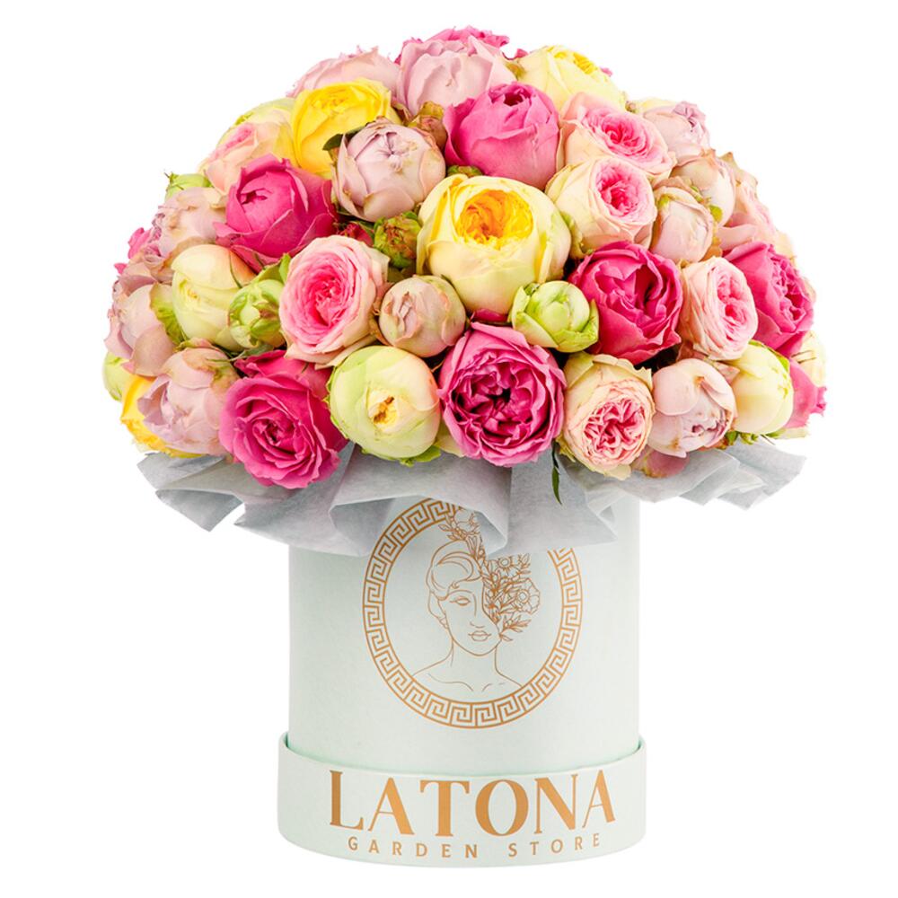 Flowers in a Box "Fortuna" with multicolor Peony Roses