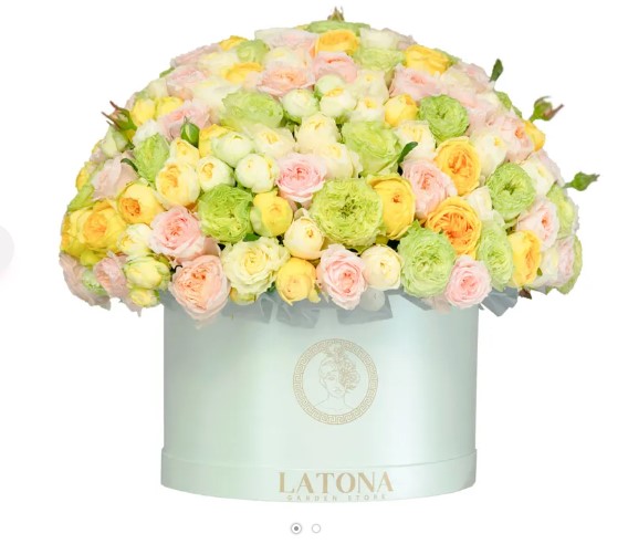 Flowers in a Big  Box "Fauna" with multicolor Peony Roses
