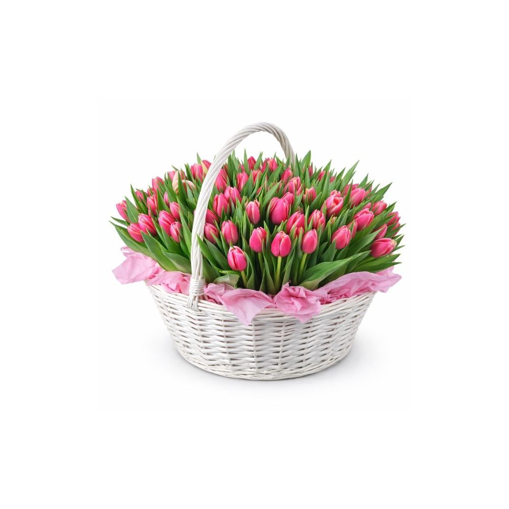 Large basket with pink tulips