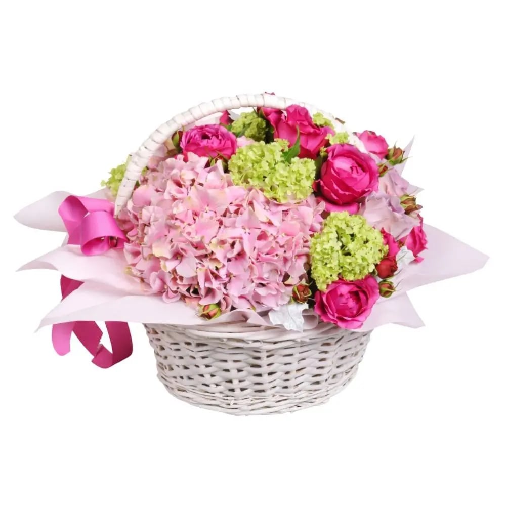 Basket with hydrangeas and peony roses