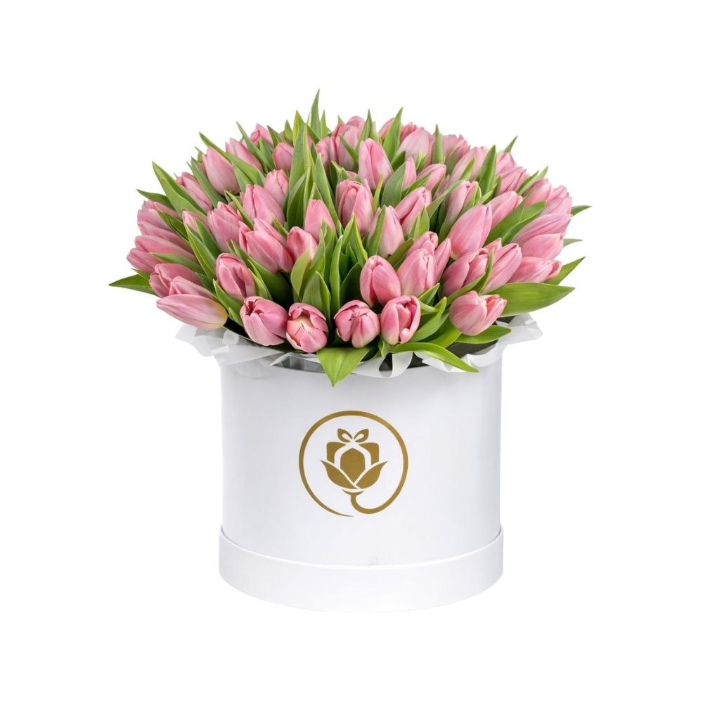 Box with pink tulips