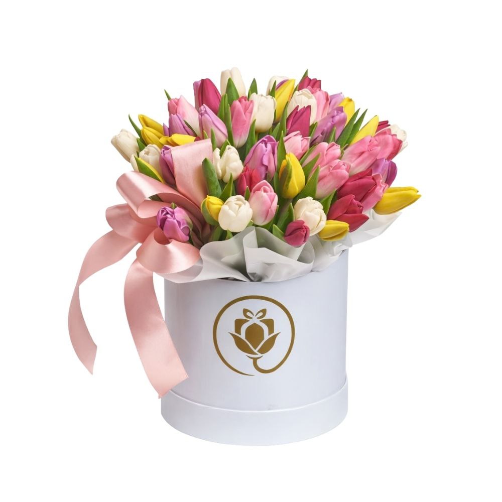 Box with colorful tulips