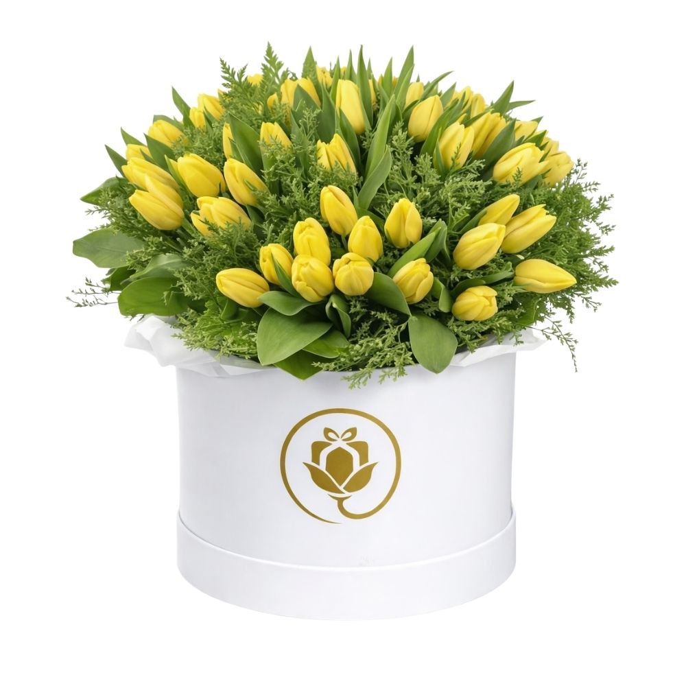 Box with yellow tulips