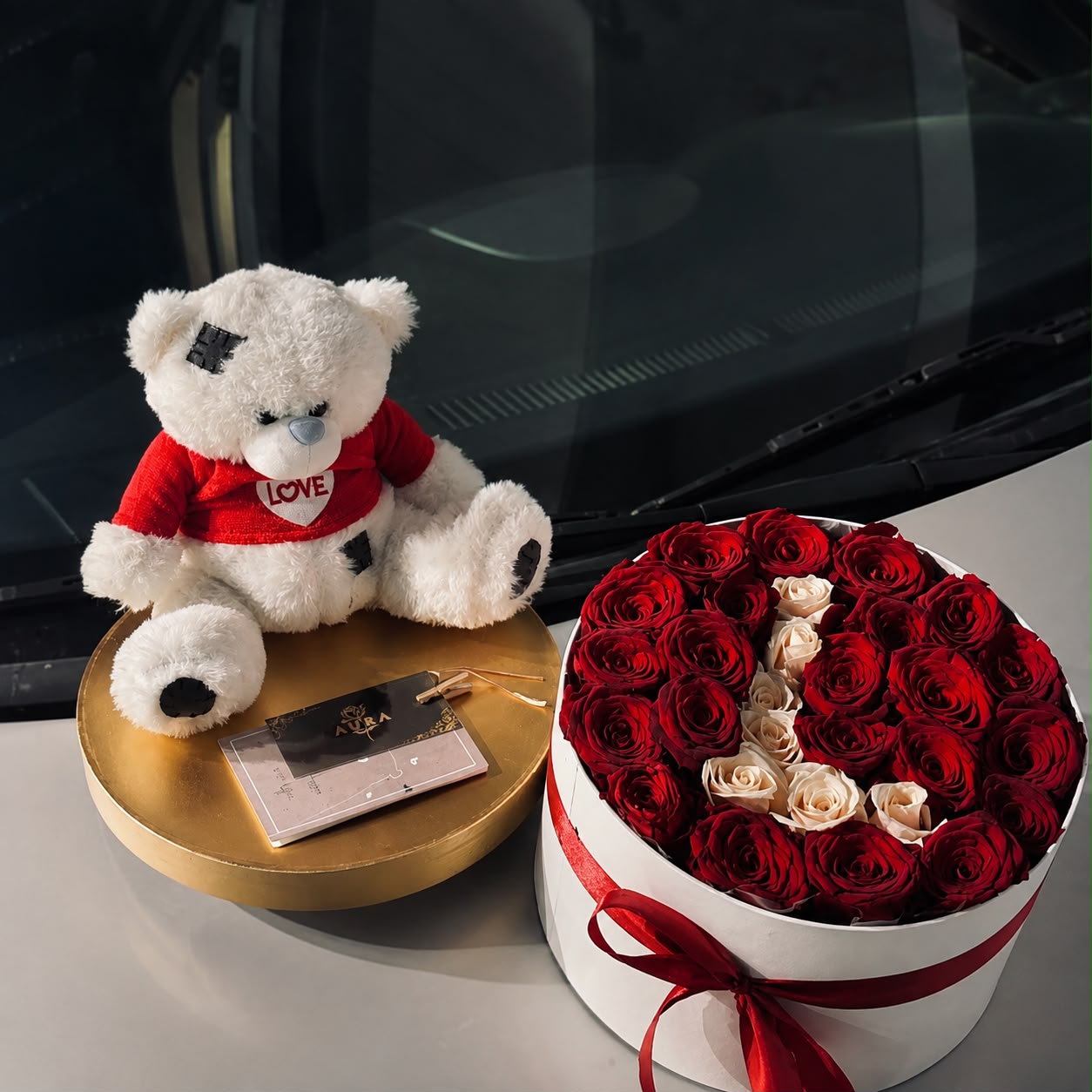 Flowers in a box and a soft teddy bear - Aura Flowers