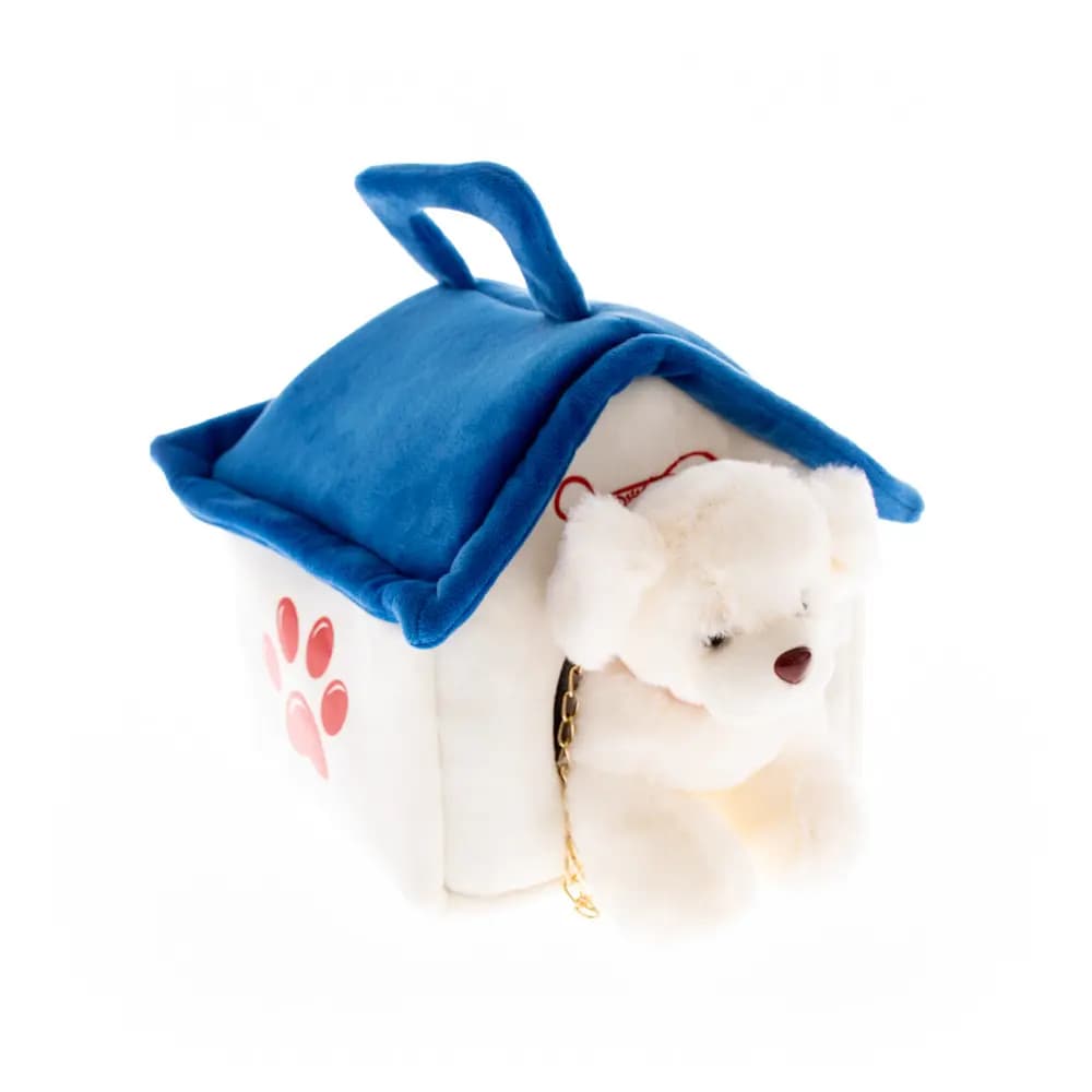 Soft toy dog with a house