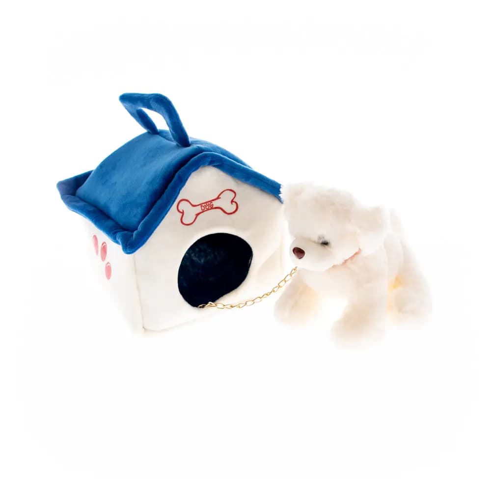 Soft toy dog with a house