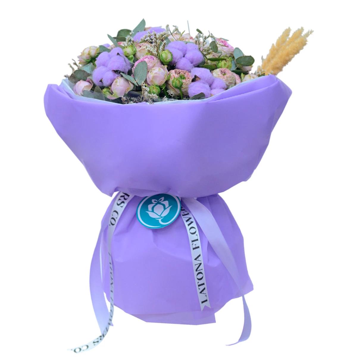 Փունջ "Big Violet Dream" պիոնավարդերով և բամբակով