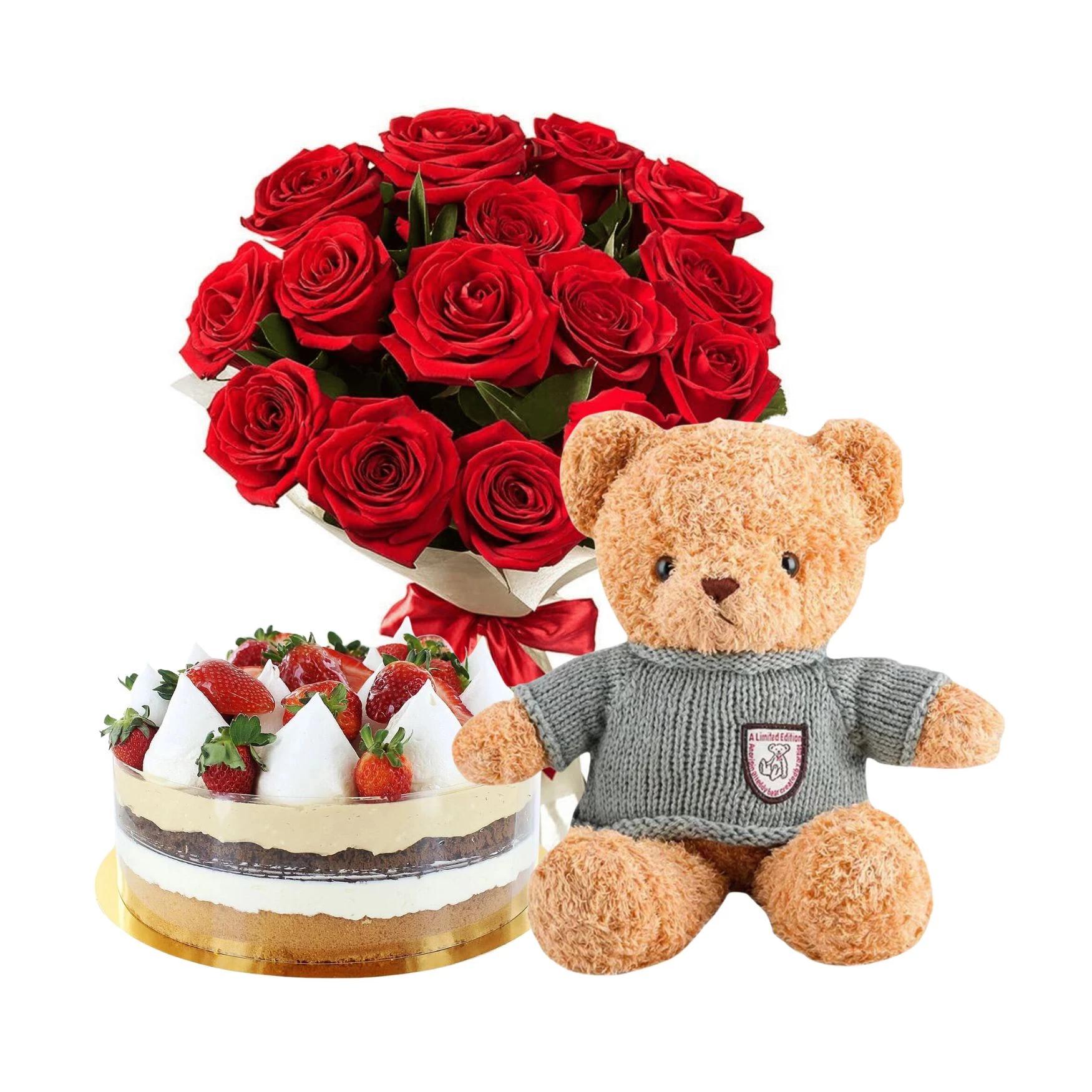 Подарочный набор ROMANTIC COMBO с букетом красных роз, тортом и мишкой