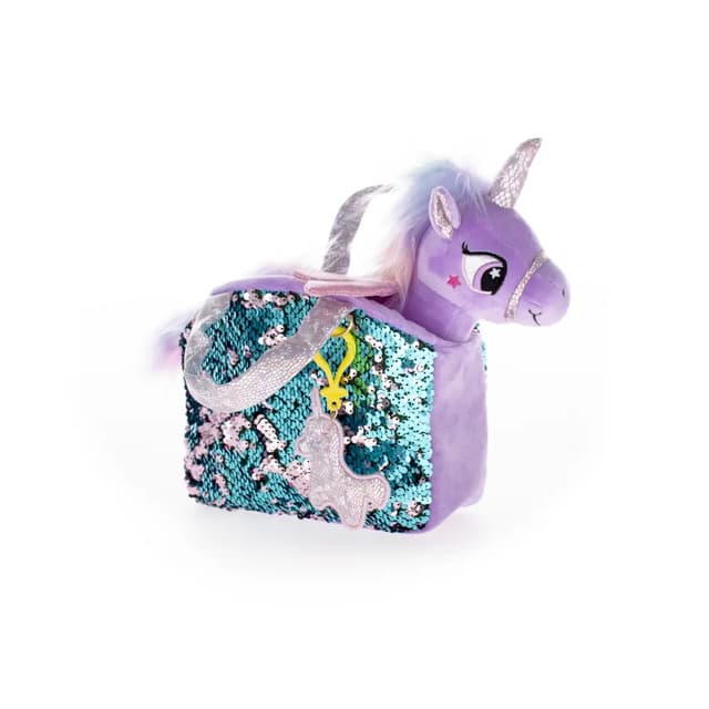Plush unicorn toy with a bag