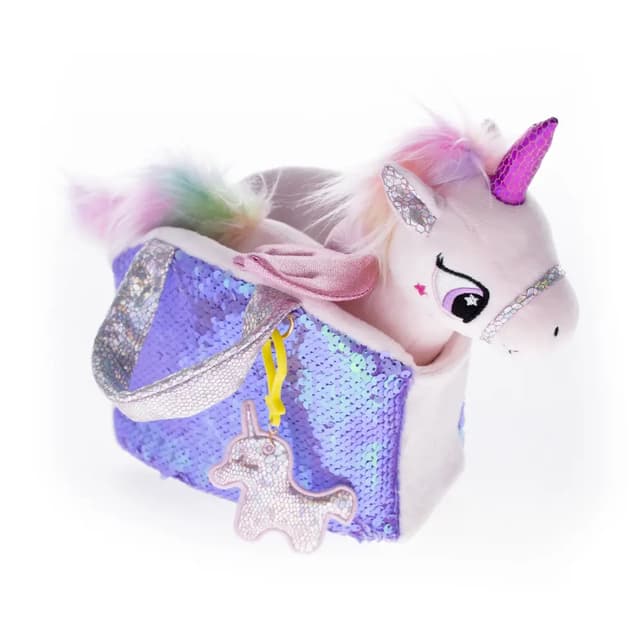 Plush unicorn toy with a bag