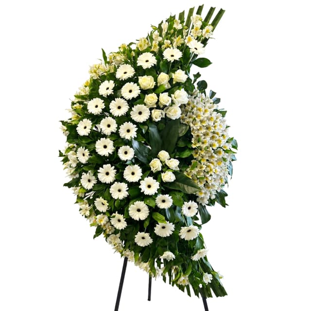 Crescent-shaped wreath with white gerberas and alstroemerias - Luna Flowers