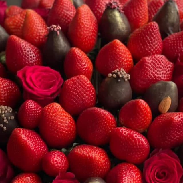 Basket with roses, chocolate-covered strawberries, and fresh strawberries - VkusLil