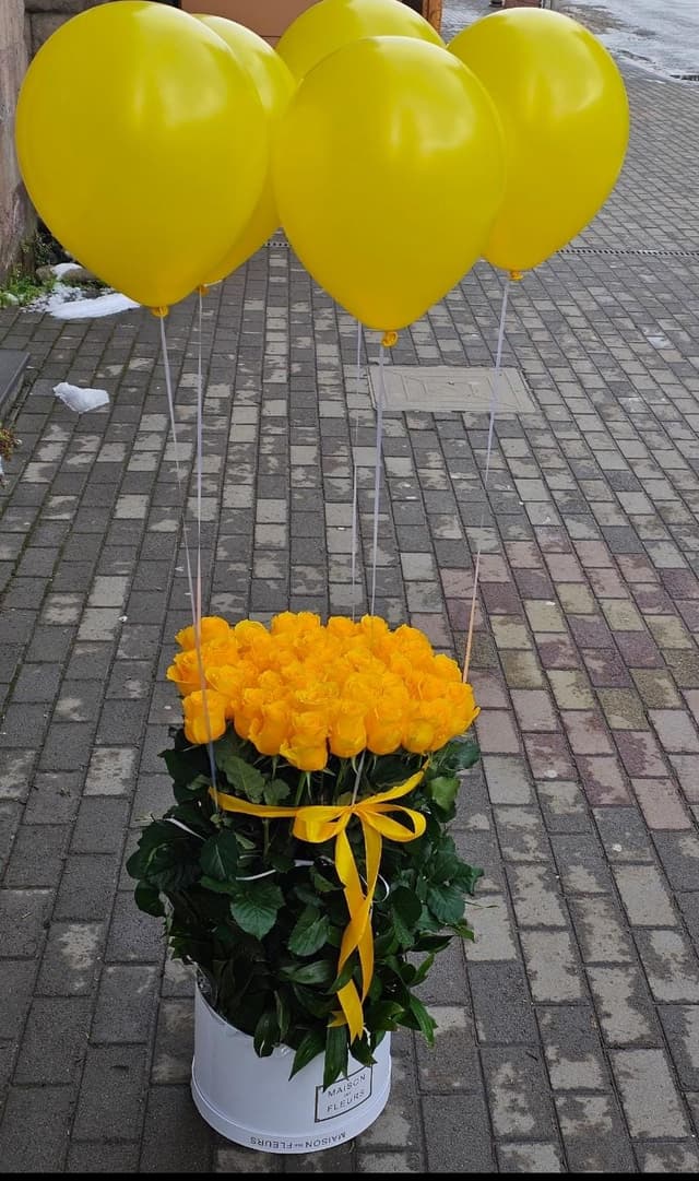 Желтые розы в коробке и шарики - Aura Flowers
