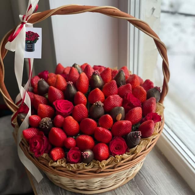 Basket with roses, chocolate-covered strawberries, and fresh strawberries - VkusLil