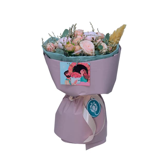 Ծաղկեփունջ ‹ROSE DREAM› շղթայած վարդերով և բամբակով