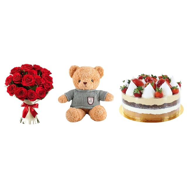 Подарочный набор ROMANTIC COMBO с букетом красных роз, тортом и мишкой
