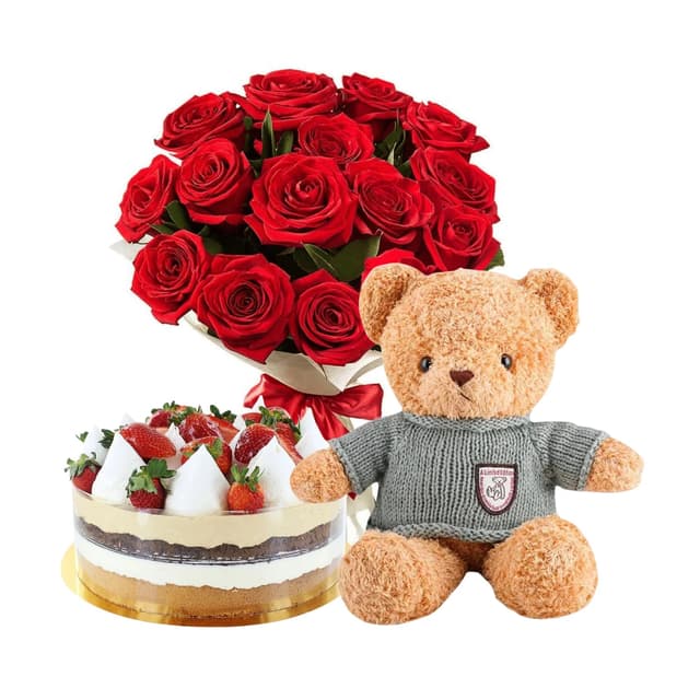 Подарочный набор ROMANTIC COMBO с букетом красных роз, тортом и мишкой