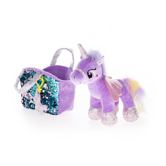 Plush unicorn toy with a bag
