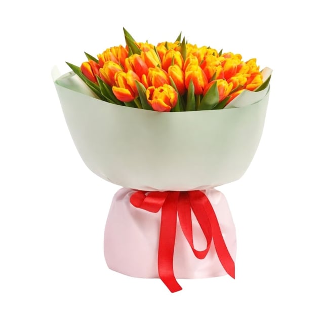 Bouquet with red and yellow tulips.
