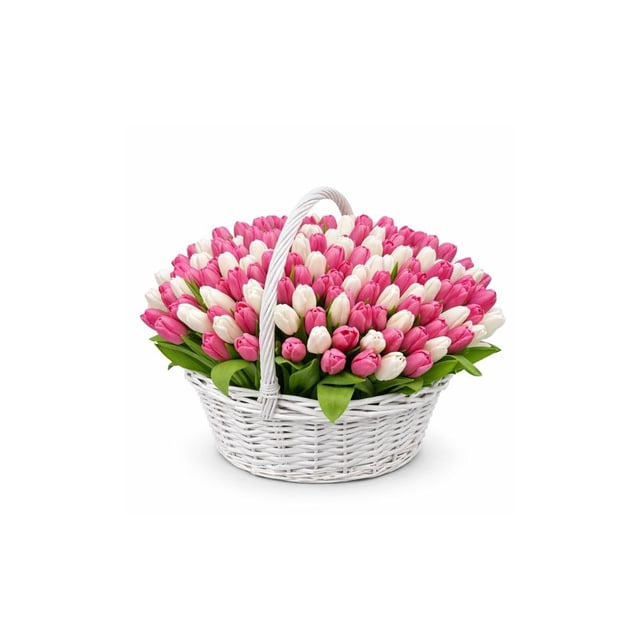 Large basket with colorful tulips
