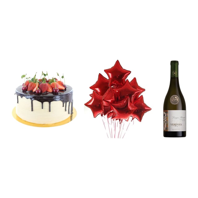 Նվերների հավաքածու BIRTHDAY STAR կարմիր աստղի փուչիկներով, գինիով և տորթով
